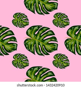 Tropical Pattern. Seamless Texture with Bright Hand Drawn Leaves of Monstera.