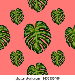 Tropical Pattern. Seamless Texture with Bright Hand Drawn Leaves of Monstera.