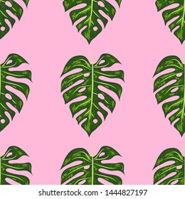 Tropical Pattern. Seamless Texture with Bright Hand Drawn Leaves of Monstera.