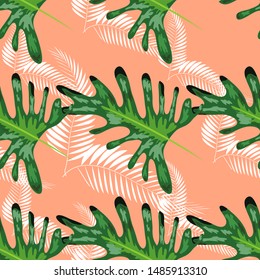 Tropical Pattern. Seamless Texture with Bright Hand Drawn Leaves of Monstera. Seamless Background with Tropic Plants.