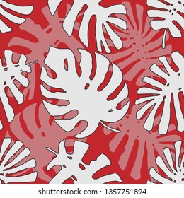 Tropical Pattern. Seamless Texture with Hand Drawn Leaves of Exotic Tree. Spring Rapport for Paper, Textile, Wallpaper. Vector Seamless Background with Tropic Plants. Outline silhouettes on red