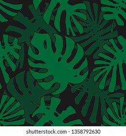 Tropical Pattern. Seamless Texture with Hand Drawn Leaves of Exotic Tree. Spring Rapport for Paper, Textile, Wallpaper. Vector Seamless Background with Tropic Plants. Outline silhouettes