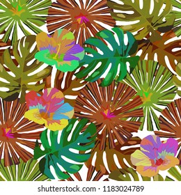 Tropical Pattern. Seamless texture for Wallpaper, canvas, fabric.Vector seamless background with tropical plants.