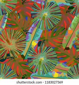 Tropical Pattern. Seamless texture for Wallpaper, canvas, fabric.Vector seamless background with tropical plants.
