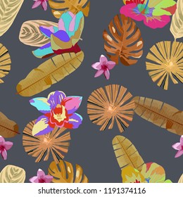 Tropical Pattern. Seamless texture for Wallpaper, canvas, fabric.Vector seamless background with tropical plants.