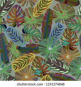 Tropical Pattern. Seamless texture for Wallpaper, canvas, fabric.Vector seamless background with tropical plants.