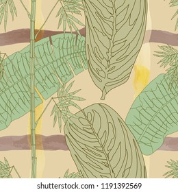 Tropical Pattern. Seamless texture for Wallpaper, canvas, fabric. Vector seamless background with tropical plants.Watercolor blobs and daubs.