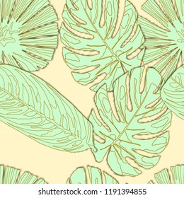 Tropical Pattern. Seamless texture for Wallpaper, canvas, fabric. Vector seamless background with tropical plants.Watercolor blobs and daubs.