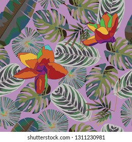 Tropical Pattern. Seamless texture for Wallpaper, canvas, fabric.Vector seamless background with tropical plants. 