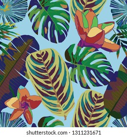 Patrón tropical. Textura transparente para tapicería, lienzo, tela.Vector fondo transparente con plantas tropicales. 