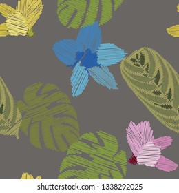 Tropical Pattern. Seamless texture for wallpapers, canvas, fabric. Vector seamless pattern with tropical plants made in the form of brush strokes.