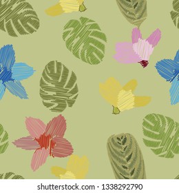 Tropical Pattern. Seamless texture for wallpapers, canvas, fabric. Vector seamless pattern with tropical plants made in the form of brush strokes.