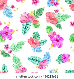 tropical pattern. seamless vector flowers design. amazing hibiscus flowers and palms in spacious layout with small bouquets and groups of flowers. on white background, editable file