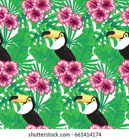 Tropical pattern. Seamless vector pattern with palm banana and monstera leaves, toucan and hibiscus flowers.