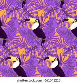 Tropical pattern. Seamless vector pattern with  toucan, palm, banana and monstera leaves. 