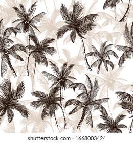 Tropical pattern with sketchy vintage palm trees. Hand drawn vector illustration.