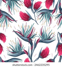Tropical pattern Strelitzia reginae on white