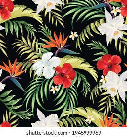 Tropical pattern with strelizia, hibiscus, palm leaves. Summer vector background for fabric, cover,print design.