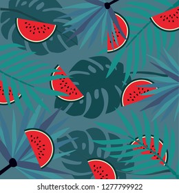 Tropical pattern with stylized leaves and watermelon. Good for summer invitation, birthday card, poster, surface texture, fabric print.
