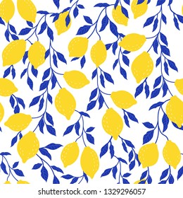 Tropical pattern with stylized lemons. Vector seamless texture.