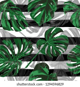 Tropical Pattern. Summer Design for Swimwear. Exotic Palm Greenery Backdrop. Repeat Illustration. Tropical Pattern with Monstera Leaves.