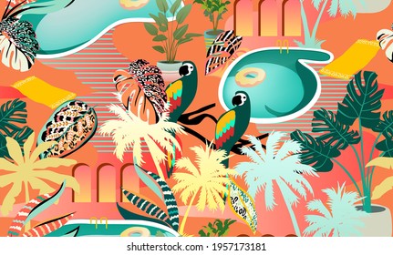 tropical pattern with swimming pools, palms, birds, plants, and other botanical elements. Tropical pattern for textiles and decoration