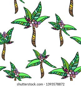 Tropical pattern swimwear print seamless background. vector tropical palm coconut on a white. Vivid exotic design bright colorful palm trees green color.