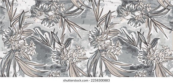 tropical pattern that looks like unfinished watercolors in monochrome tones, perfect pattern for textiles and decor