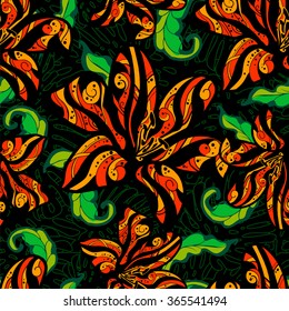 Tropical pattern tiger lily with green leaves on a black background