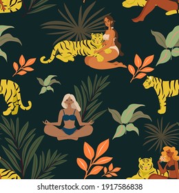 Tropical pattern with tigers and girls in swimsuit. Vector modern seamless texture.