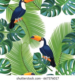 Tropical pattern with toucan birds. Vector seamless texture.