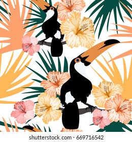 Tropical pattern with toucan,flowers and leafs.Colorful summer vector background.Textile texture