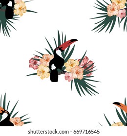 Tropical pattern with toucan,flowers and leafs.Colorful summer vector background.Textile texture