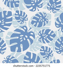 Patrón tropical con hojas de moda en azul sin fisuras para papel de pared, fondo, superficie, tela, impresión, cubierta, banner e invitación, Ilustración vectorial La naturaleza de lujo deja un patrón sin fisuras