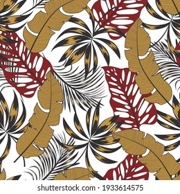 Patrón tropical con plantas de moda y hojas en un fondo claro. Hermoso patrón vectorial floral sin costura. Hojas tropicales en colores brillantes. Hermosa impresión con plantas exóticas dibujadas a mano.