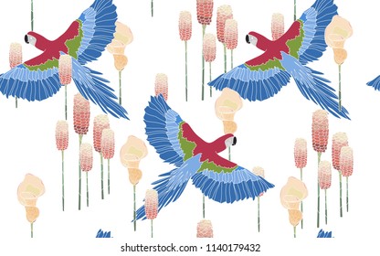 Tropical pattern of tumeric flowers with exotic blue parrots. Vintage vector botanical illustration. Seamless background, texture, wrapper pattern, frame or border. Digital nature art.