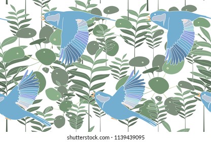 Tropical pattern of tumeric and pilea leaves with exotic blue birds. Vintage vector botanical illustration. Seamless background, texture, wrapper pattern, frame or border. Digital nature art.