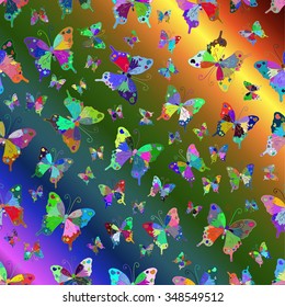 tropical pattern vector with butterflies on rainbow gradient background