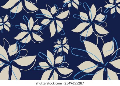 Un diseño de Ilustración vectorial de patrón tropical para camisa, ropa, modas. un arte textil azul de patrón sin costuras, un fondo de estilo abstracto de dibujo a mano sin costuras