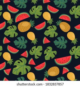 Tropical pattern. Vector pattern. A pineapple. Watermelon. Monstera