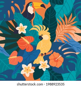 Tropical pattern. Vector seamless abstract pattern in trendy hand-drawn style with cockatoo and toucan among palm leaves and flowers