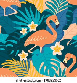 Patrón tropical. Patrón de vectores sin fisuras en un estilo moderno de mano con hojas de palma, flores y flamencos rosas