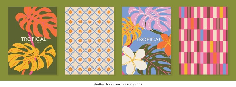 Tropical pattern vector set with monstera leaves, floral background, geometric tile and striped plaid design. Colorful summer collection for poster, wallpaper, fabric, packaging and digital paper.
