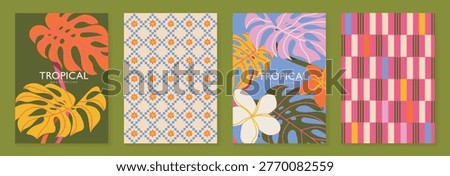 Tropical pattern vector set with monstera leaves, floral background, geometric tile and striped plaid design. Colorful summer collection for poster, wallpaper, fabric, packaging and digital paper.