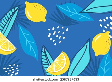 Tropical pattern with vibrant lemons, citrus slices, and blue botanical leaves. Fresh, modern, and stylish background for summer designs, prints, and decor.