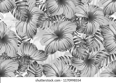 Tropical pattern. White and black exotic summer flower vector background. Beauty fasion monstera, palm leaves and hibiscus flowers. Hawaiian tropic jungle endless print. Natural swimwear design.