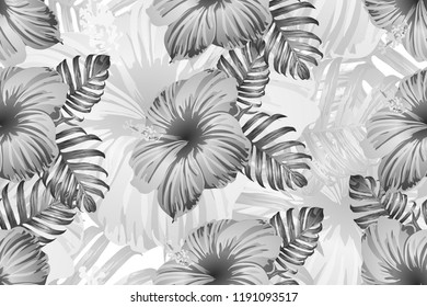 Tropical pattern. White and black exotic summer flower vector background. Beauty fasion monstera, palm leaves and hibiscus flowers. Hawaiian tropic jungle endless print. Natural swimwear design.