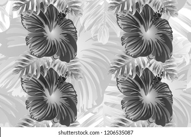 Tropical pattern. White and black exotic summer flower vector background. Beauty fasion monstera, palm leaves and hibiscus flowers. Hawaiian tropic jungle endless print. Natural swimwear design.