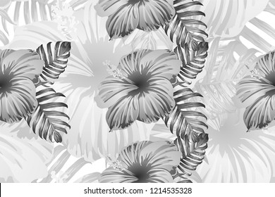 Tropical pattern. White and black exotic summer flower vector background. Beauty fasion monstera, palm leaves and hibiscus flowers. Hawaiian tropic jungle endless print. Natural swimwear design.