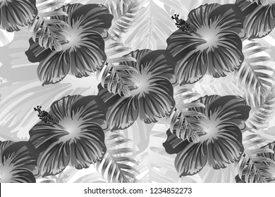 Tropical pattern. White and black exotic summer flower vector background. Beauty fasion monstera, palm leaves and hibiscus flowers. Hawaiian tropic jungle endless print. Natural swimwear design.